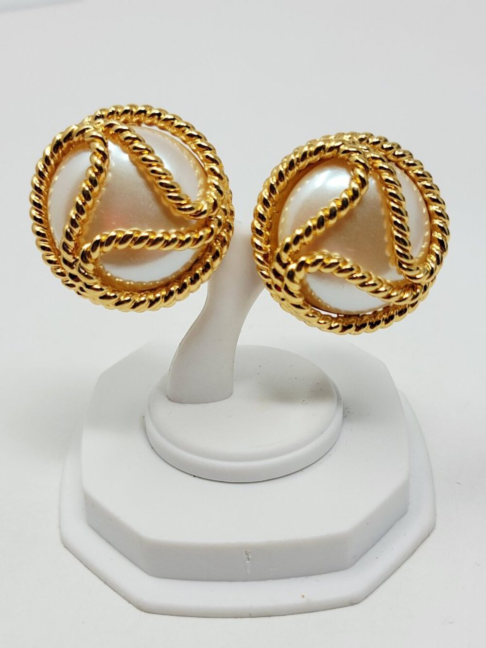 Vintage Alfred Sung Gold Tone Faux Pearl Rope Clip On Earrings
